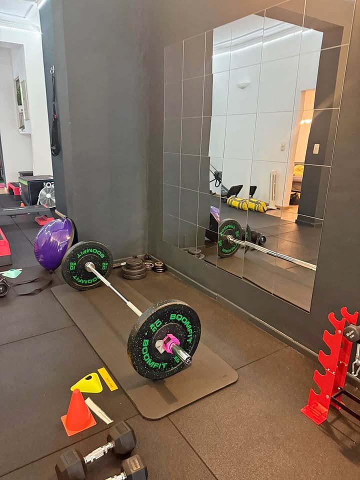Barre olympique avec disques de 10 kg (bumpers). Quasi neuve (3 mois).